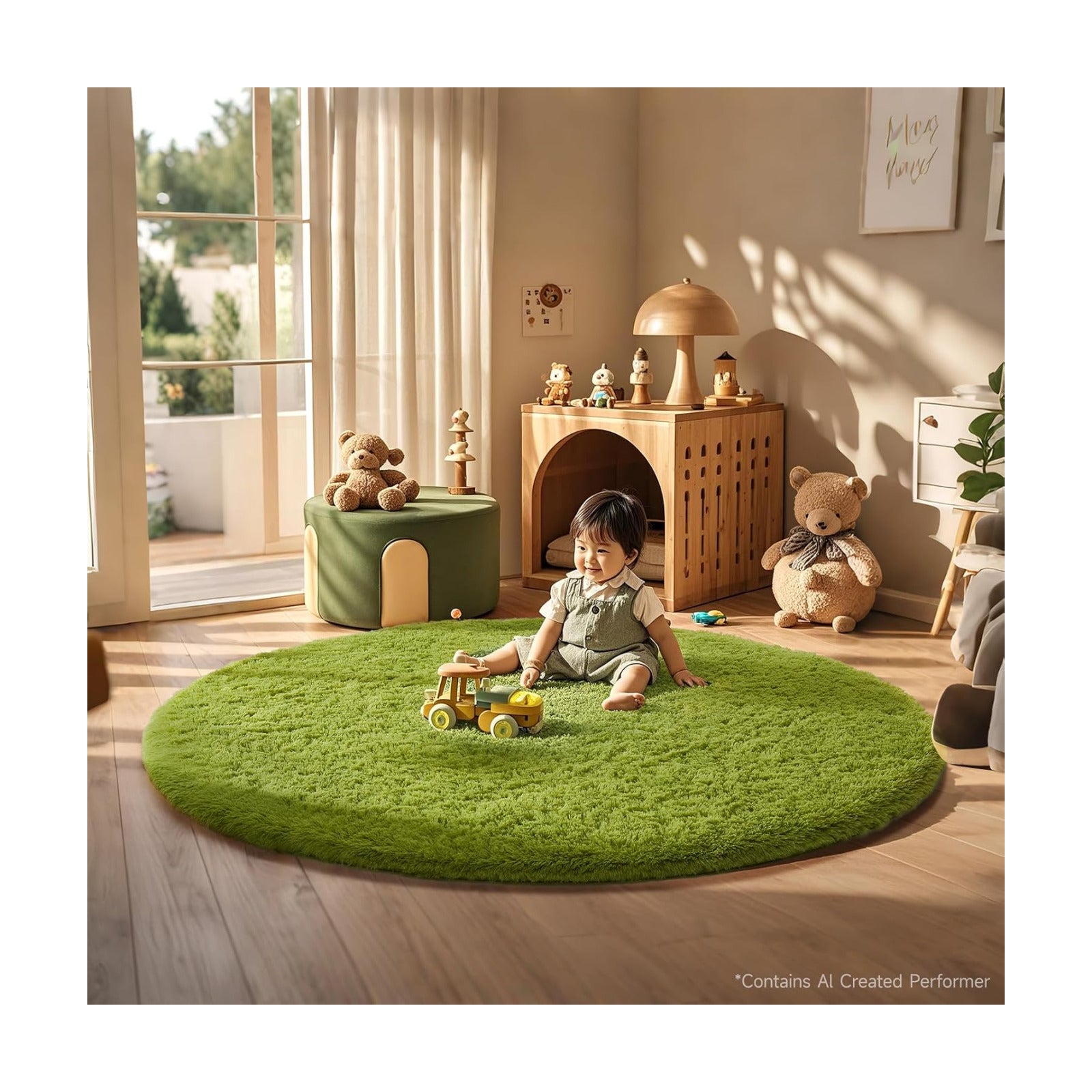 Ophanie Round Rug 6Ft Green Circle Area Rug, Green Room Decor, Fluffy Fuzzy Bedroom Carpet, Plush Soft Shaggy Living