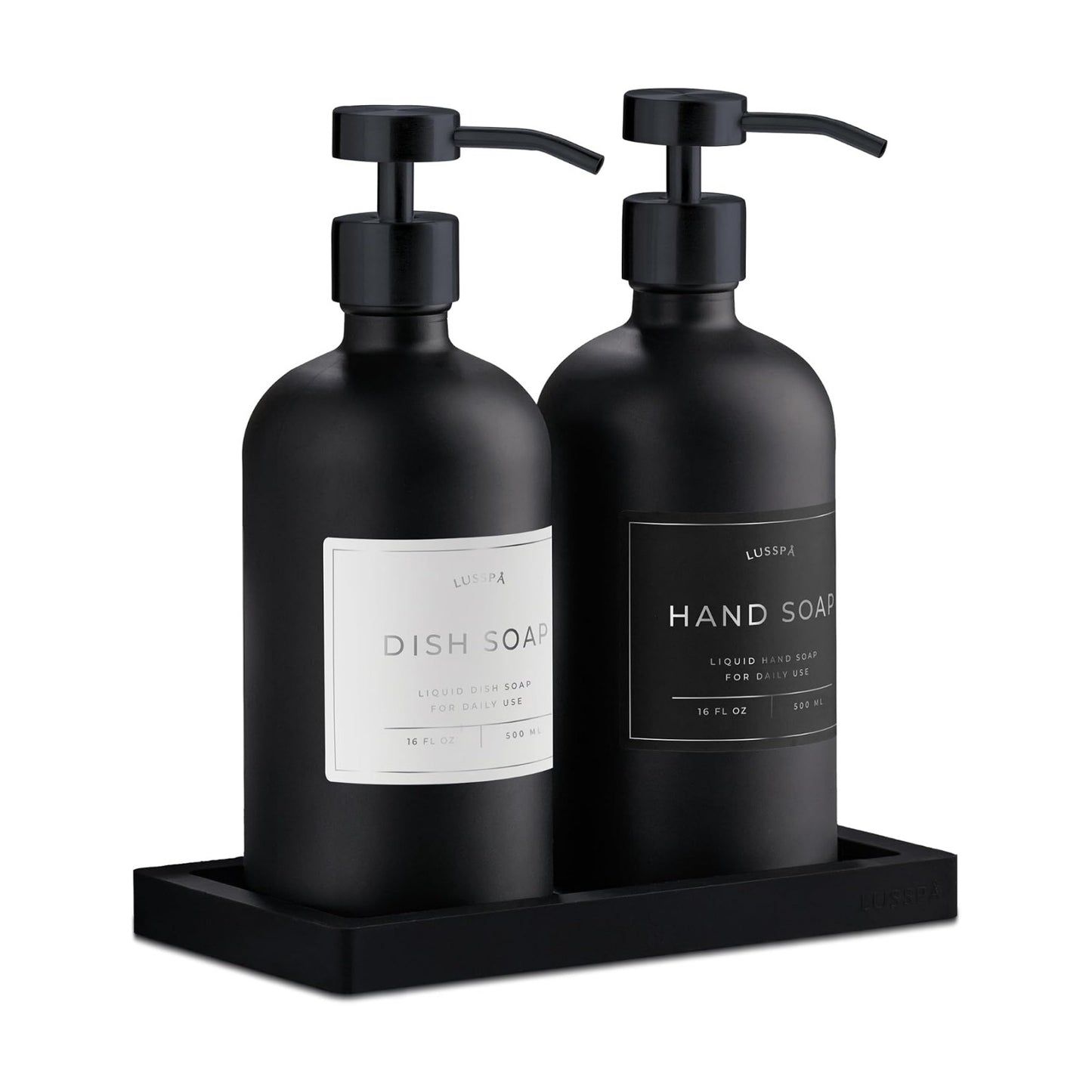 Glass Soap Dispenser Set of 2 (Black) with Silicone Tray | Hand and Dish Soap Dispenser for Kitchen and Bathroom | 16.8