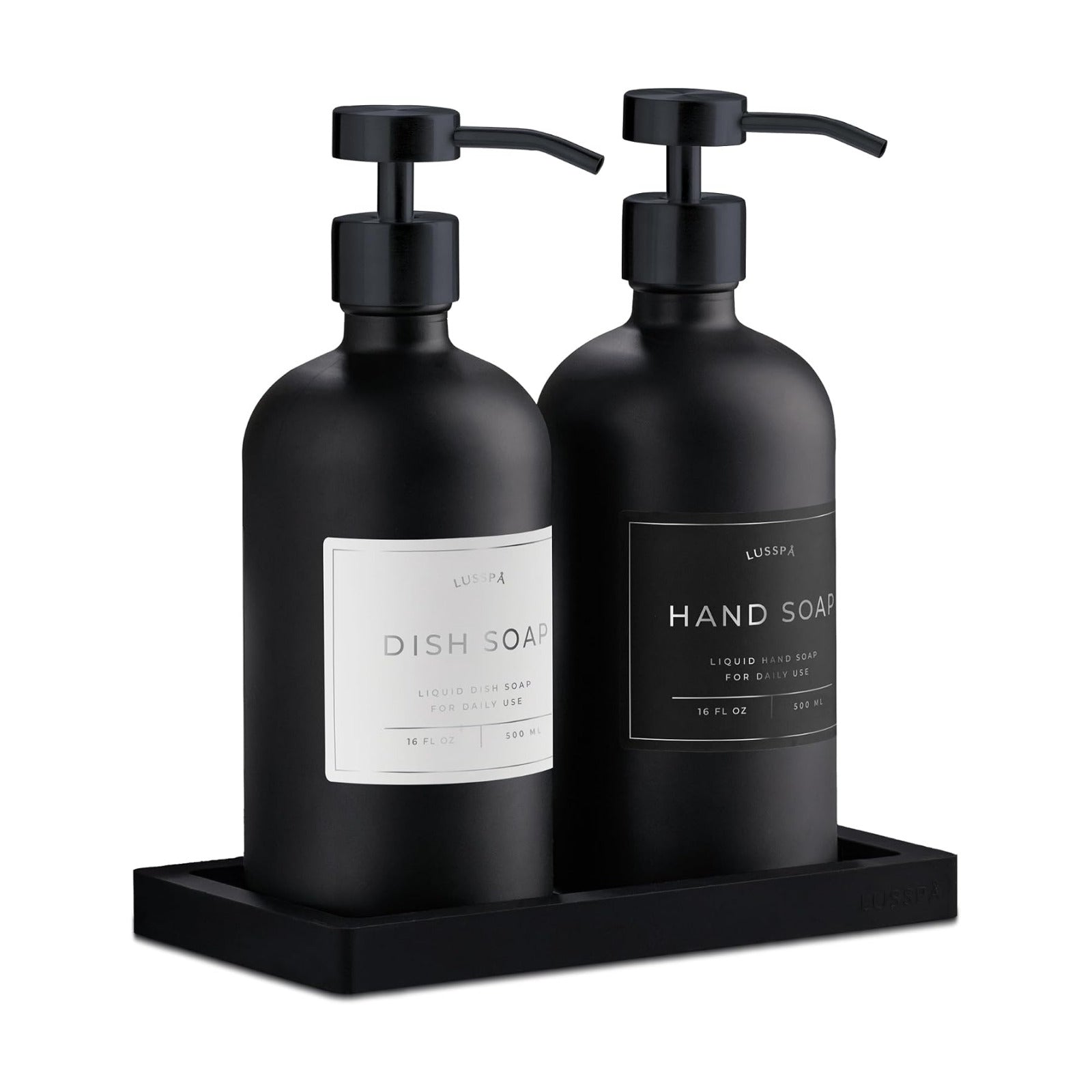 Glass Soap Dispenser Set of 2 (Black) with Silicone Tray | Hand and Dish Soap Dispenser for Kitchen and Bathroom | 16.8