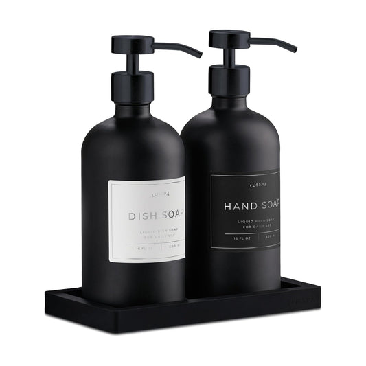 Glass Soap Dispenser Set of 2 (Black) with Silicone Tray | Hand and Dish Soap Dispenser for Kitchen and Bathroom | 16.8