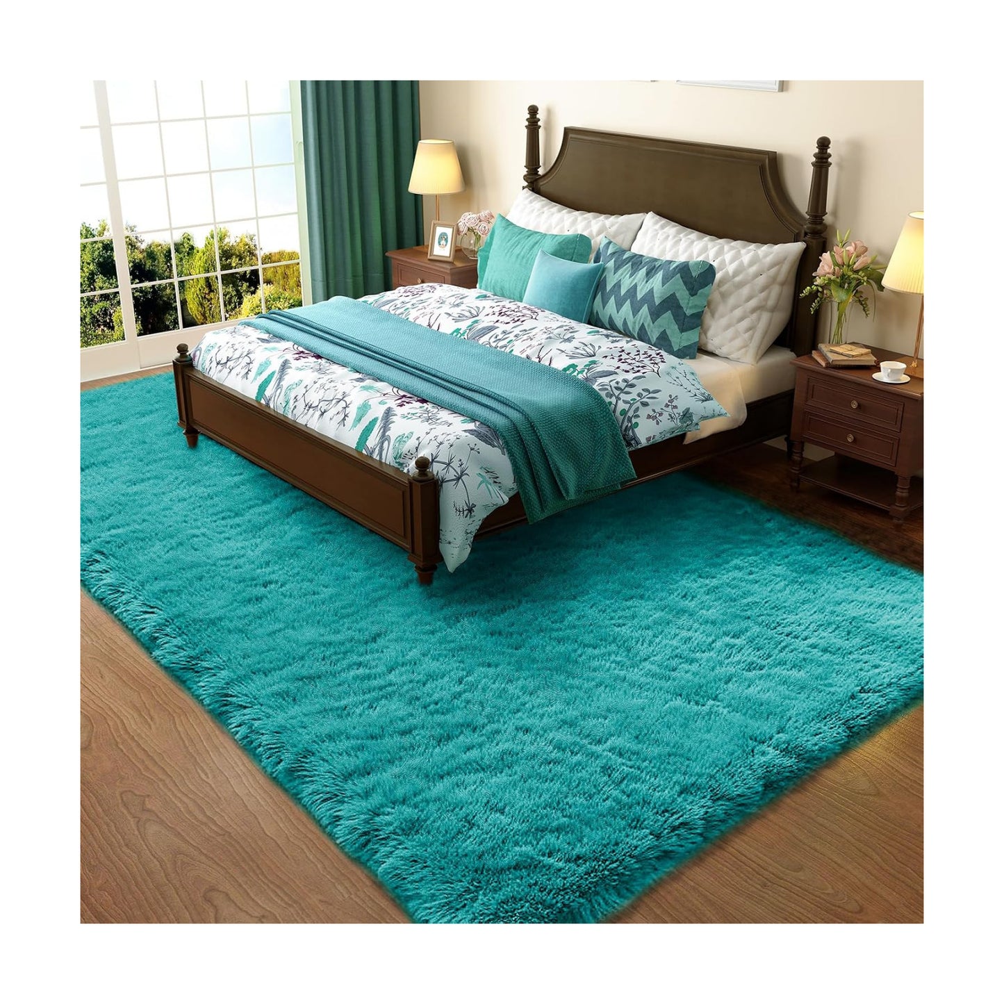 Ophanie Teal Rugs for Bedroom Living Room, Fluffy Fuzzy Furry Carpet, Plush Soft Shaggy Bedside Indoor Floor 4x6 Area