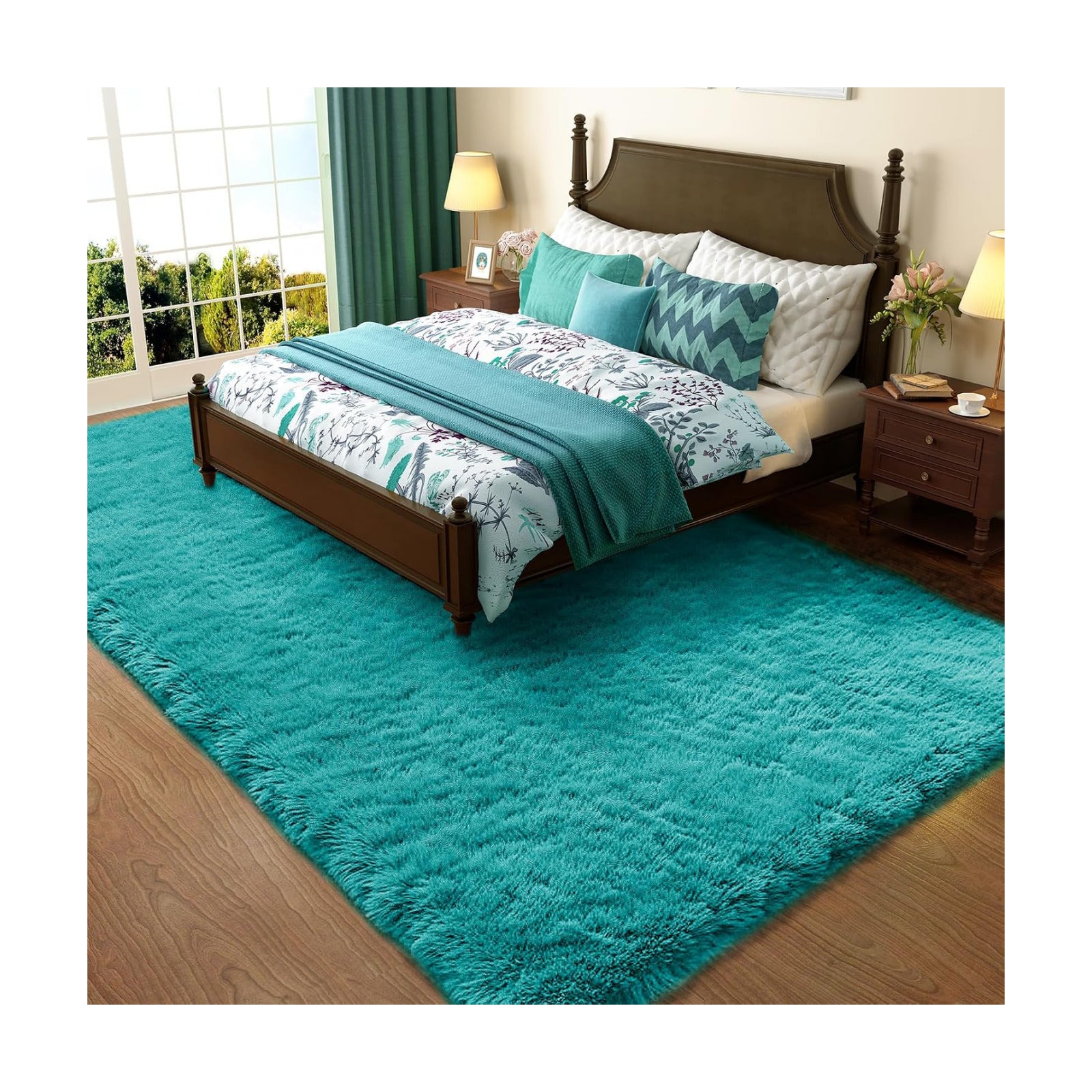 Ophanie Teal Rugs for Bedroom Living Room, Fluffy Fuzzy Furry Carpet, Plush Soft Shaggy Bedside Indoor Floor 4x6 Area