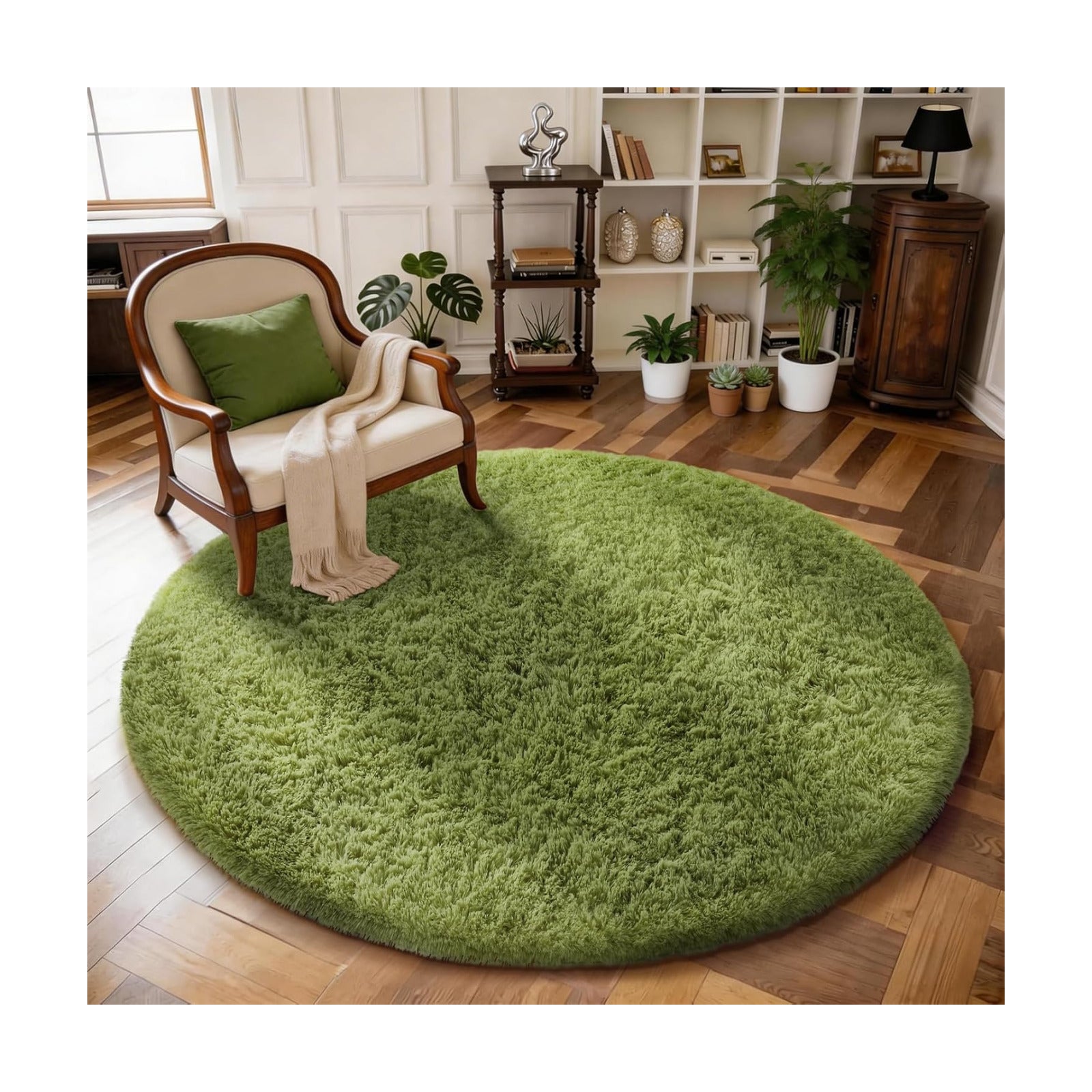 Ophanie Round Rug 5Ft Green Circle Area Rug, Green Room Decor, Fluffy Fuzzy Bedroom Carpet, Plush Soft Shaggy Living