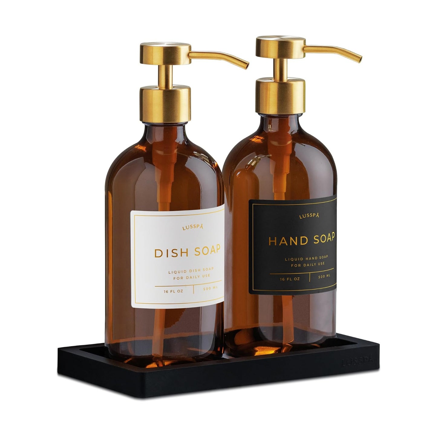 Glass Soap Dispenser Set of 2 (Amber) with Silicone Tray | Hand and Dish Soap Dispenser for Kitchen and Bathroom | 16.8