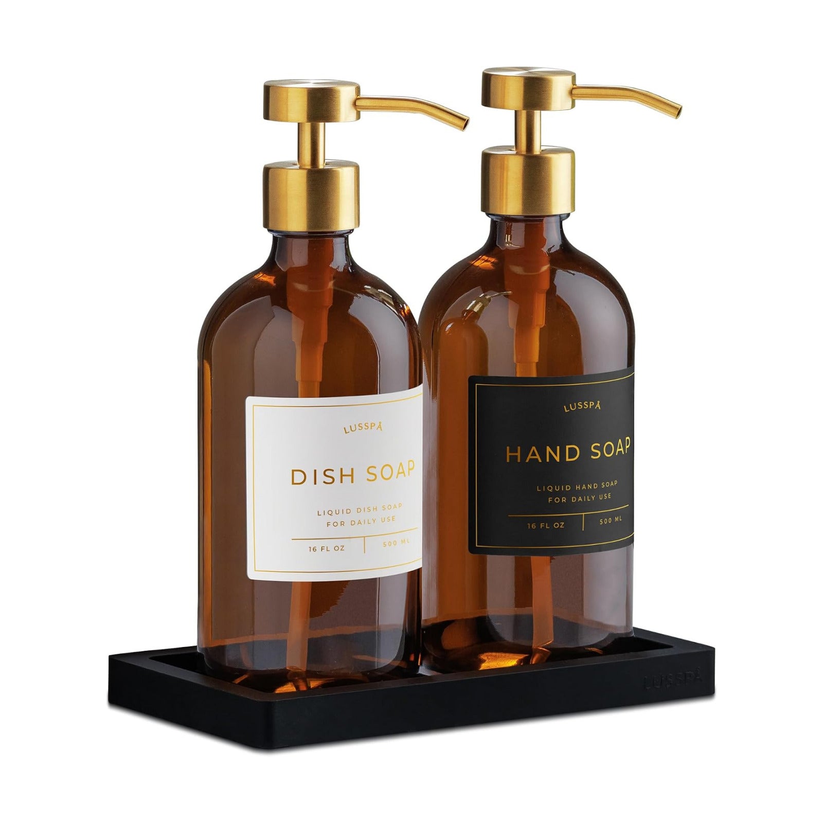 Glass Soap Dispenser Set of 2 (Amber) with Silicone Tray | Hand and Dish Soap Dispenser for Kitchen and Bathroom | 16.8