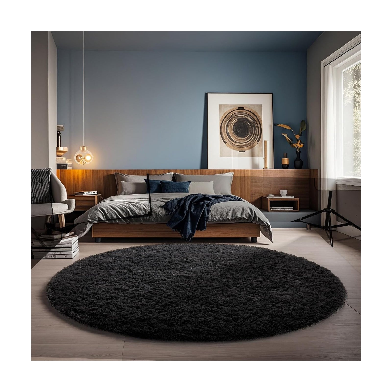 Ophanie Round Rug 5Ft Black Circle Area Rug, Room Decor for Men, Fluffy Fuzzy Bedroom Carpet, Plush Soft Shaggy Living