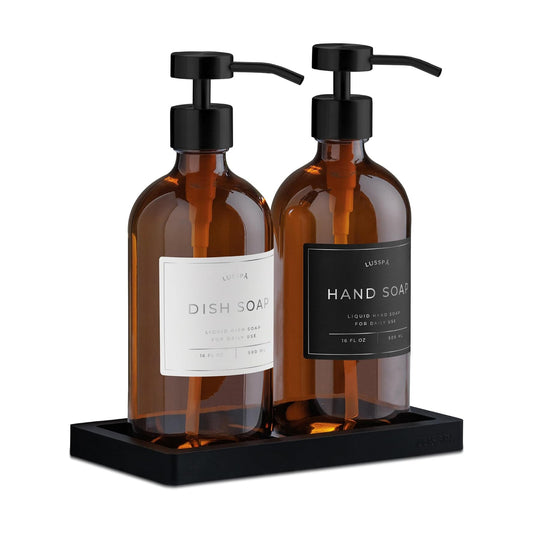 Glass Soap Dispenser Set of 2 (Amber) with Silicone Tray | Hand and Dish Soap Dispenser for Kitchen and Bathroom | 16.8