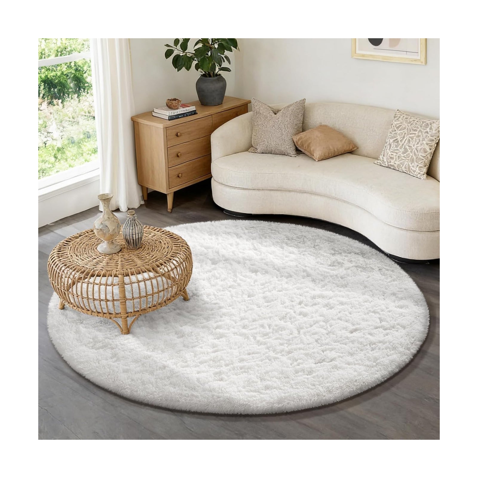 Ophanie Round Rug 6Ft White Circle Area Rug, Aesthetic Room Decor, Fluffy Fuzzy Bedroom Carpet, Plush Soft Shaggy