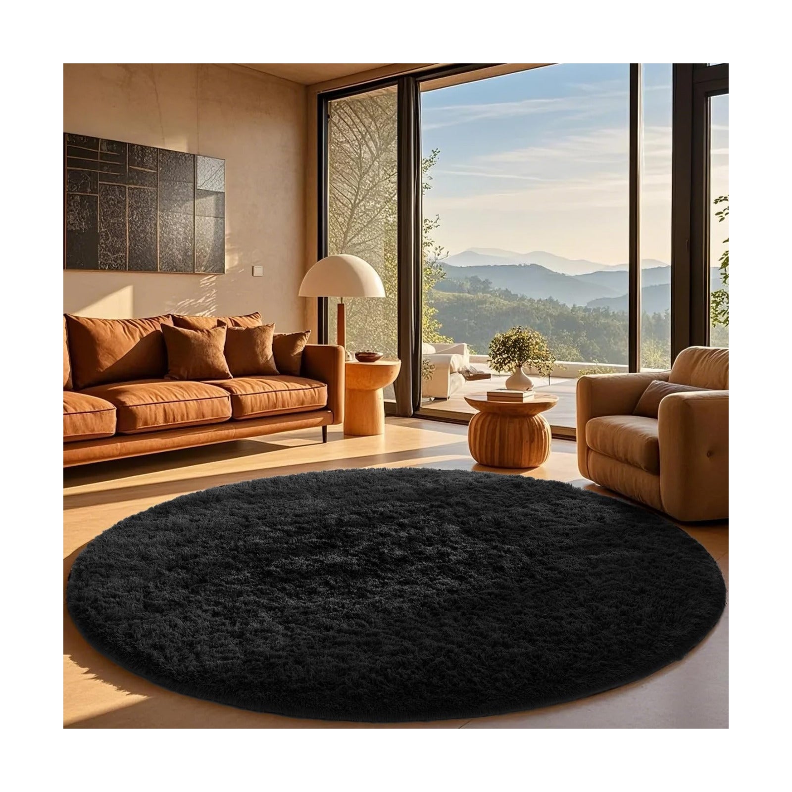Ophanie Round Rug 8Ft Black Circle Area Rug, Room Decor for Men, Fluffy Fuzzy Bedroom Carpet, Plush Soft Shaggy Living