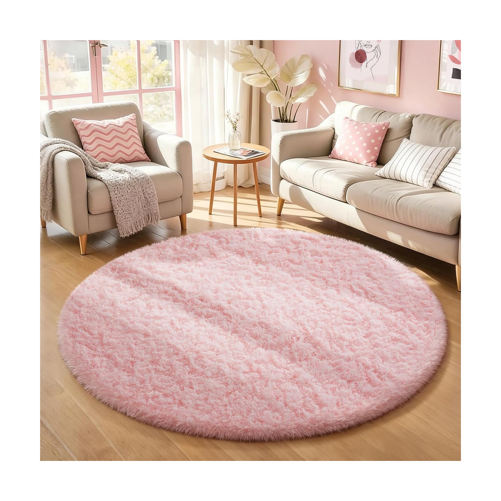 Ophanie Round Rugs 5Ft Pink Circle Area Rug,Fuzzy Bedroom Carpet, Shag Plush Floor Kawaii Christmas Living Room Rugs 5