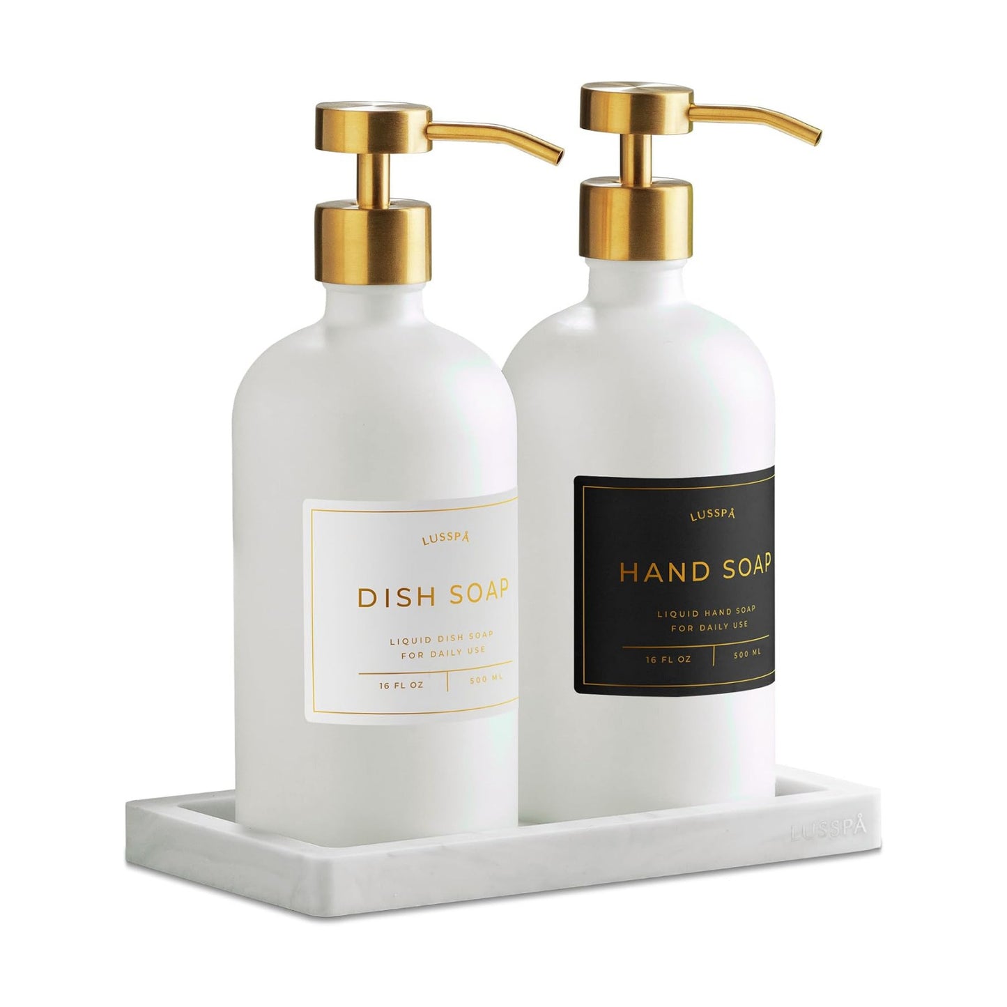 Glass Soap Dispenser Set of 2 (White) with Silicone Tray | Hand and Dish Soap Dispenser for Kitchen and Bathroom | 16.8