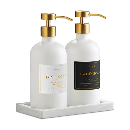 Glass Soap Dispenser Set of 2 (White) with Silicone Tray | Hand and Dish Soap Dispenser for Kitchen and Bathroom | 16.8