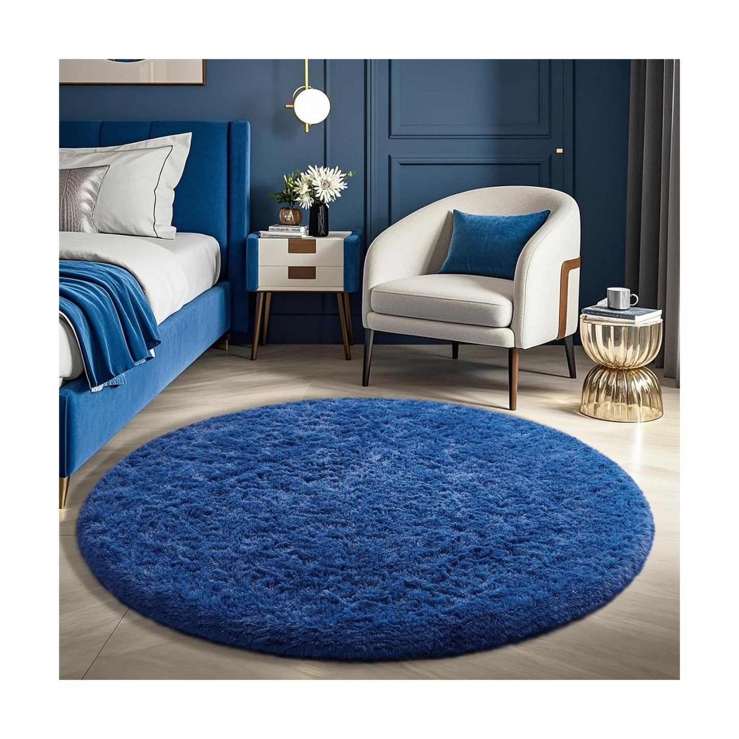 Ophanie Round Rug 5Ft Blue Circle Area Rug, Boys Room Decor, Fluffy Fuzzy Bedroom Carpet, Plush Soft Shaggy Living Room