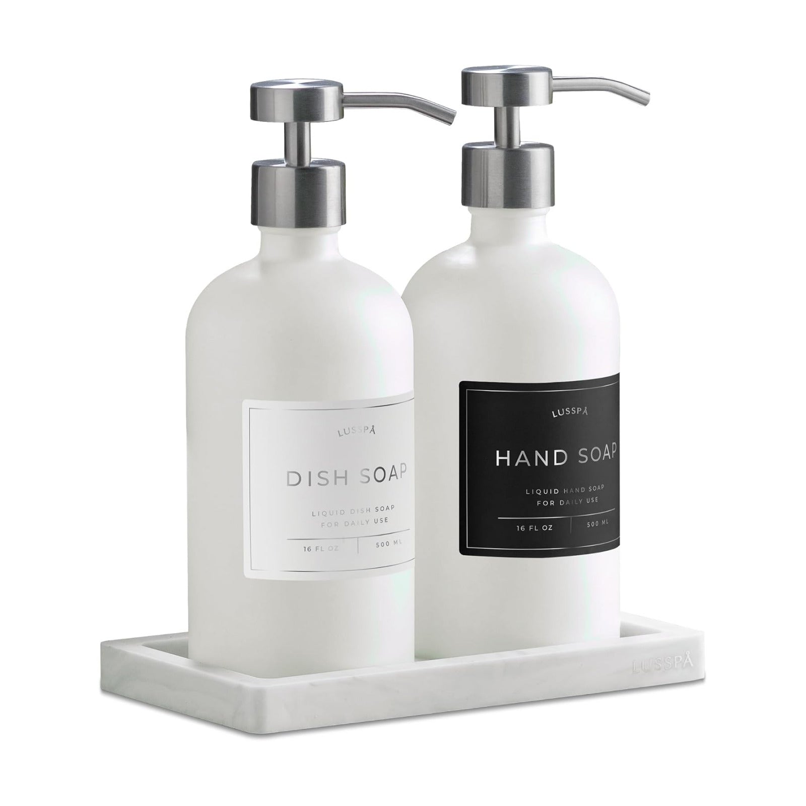 Glass Soap Dispenser Set of 2 (White) with Silicone Tray | Hand and Dish Soap Dispenser for Kitchen and Bathroom | 16.8