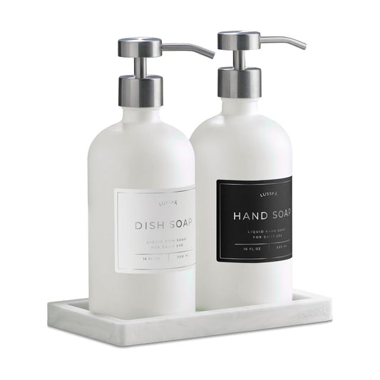 Glass Soap Dispenser Set of 2 (White) with Silicone Tray | Hand and Dish Soap Dispenser for Kitchen and Bathroom | 16.8