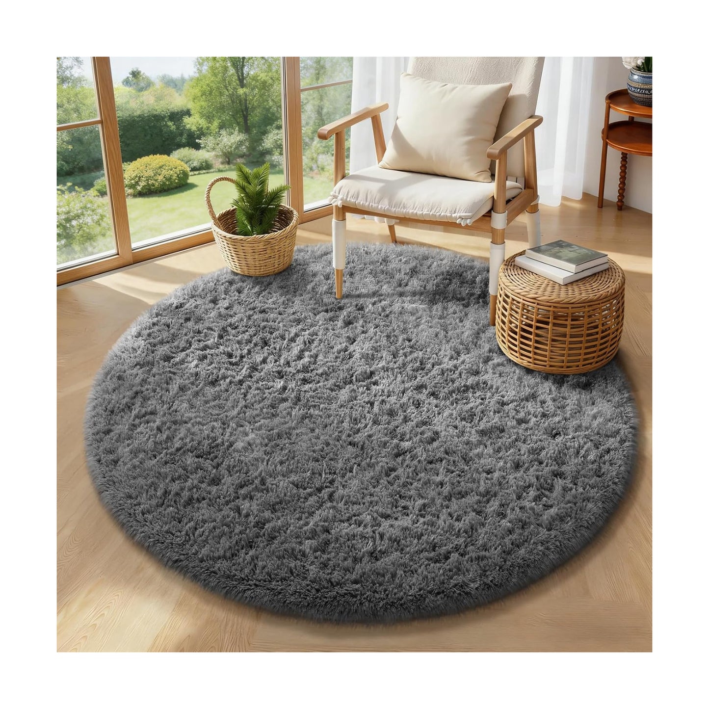 Ophanie Round Rug 4Ft Grey Circle Area Rugs, Fluffy Fuzzy Small Bedroom Carpet 4 Foot, Plush Shag Floor Gray Living