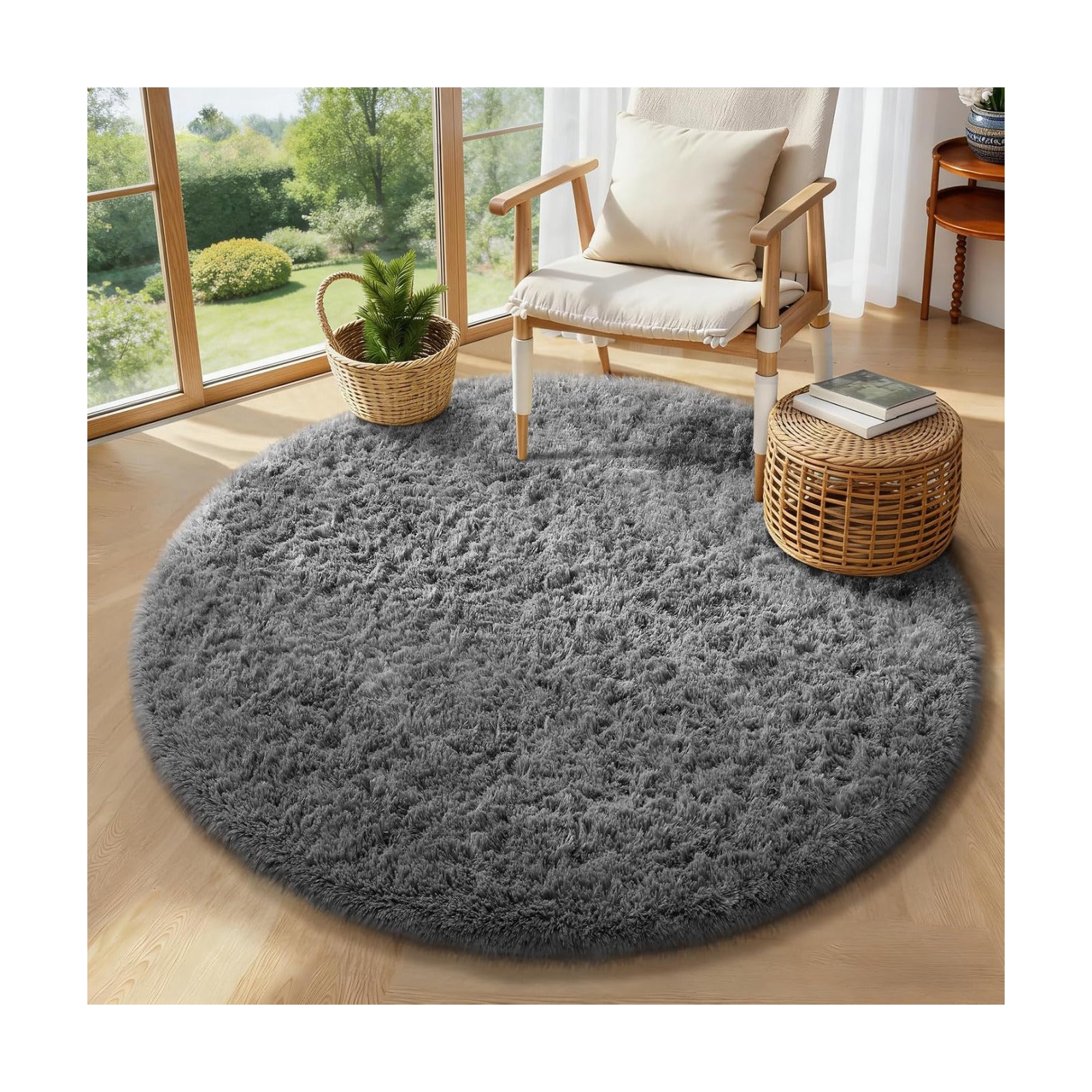 Ophanie Round Rug 4Ft Grey Circle Area Rugs, Fluffy Fuzzy Small Bedroom Carpet 4 Foot, Plush Shag Floor Gray Living