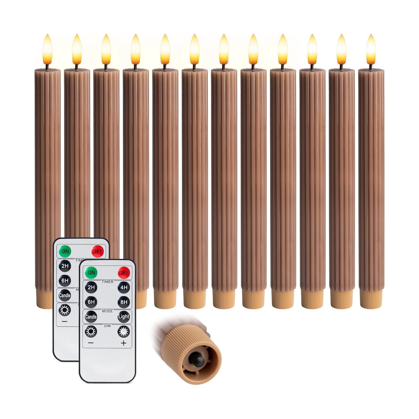 10" Fluted Ribbed LED Brown Tan Grooved Pillar Candles with 2 Remotes & 24h Timer Memory, On/Off Switch - Flameless