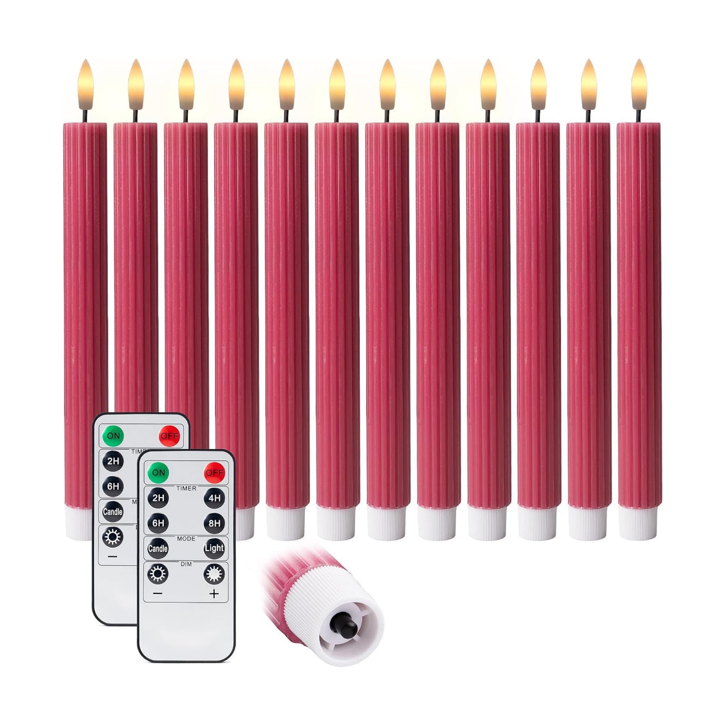 10" Fluted LED Pink Grooved Pillar Candles with 2 Remotes & 24h Timer Memory, On/Off Switch - Flameless Dimmable