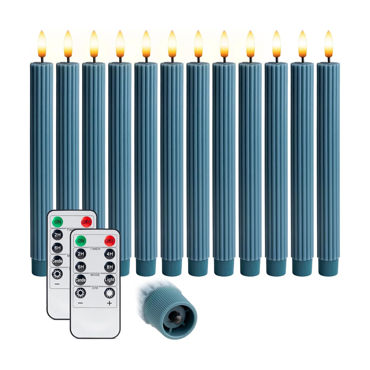 10" Fluted Ribbed LED Blue Grooved Pillar Candles with 2 Remotes & 24h Timer Memory, On/Off Switch - Flameless Dimmable