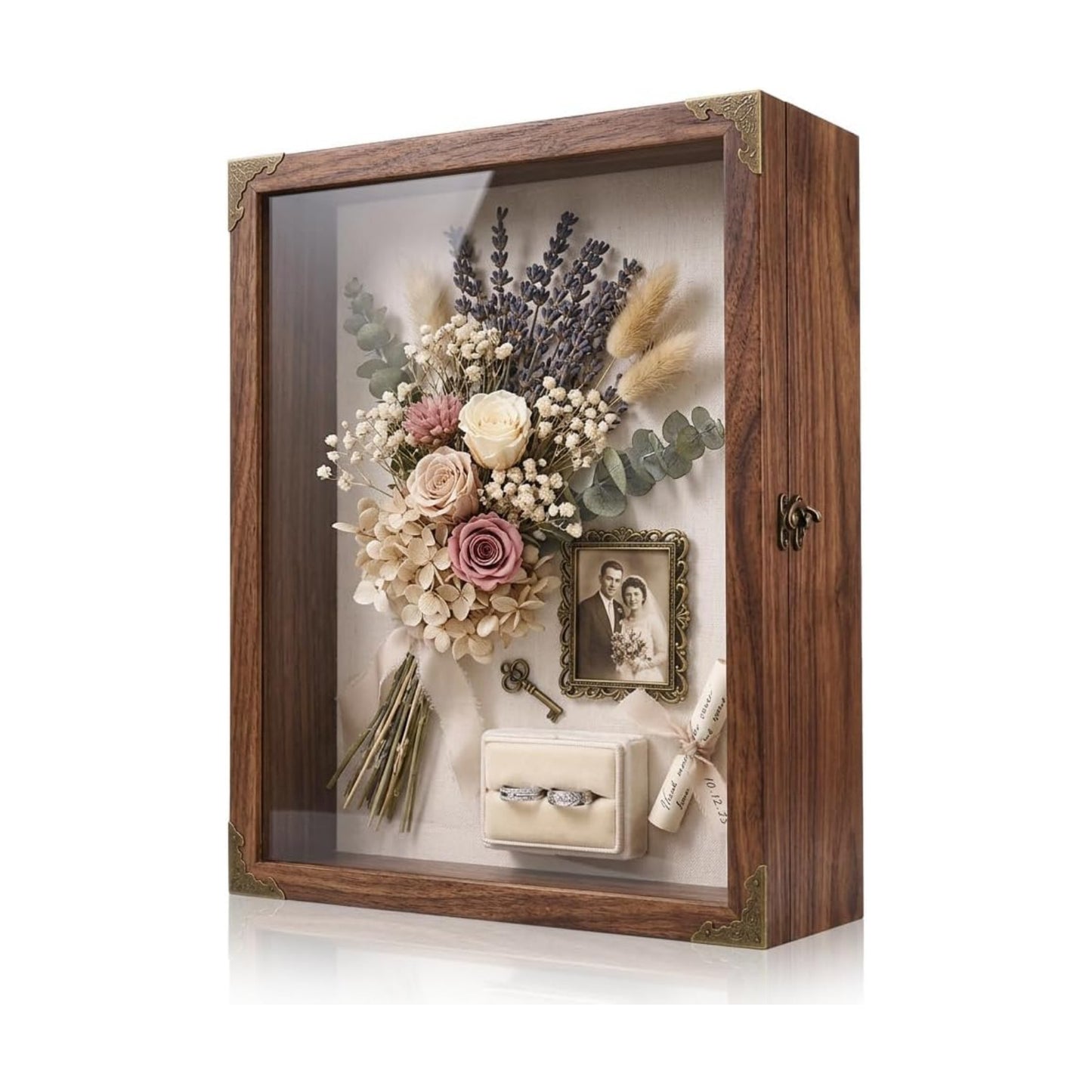 Shadow Box Frame 13x16, Large Memory Display Case with Retro Metal Corner Accents, Carbonized Wood Frame, Linen Back