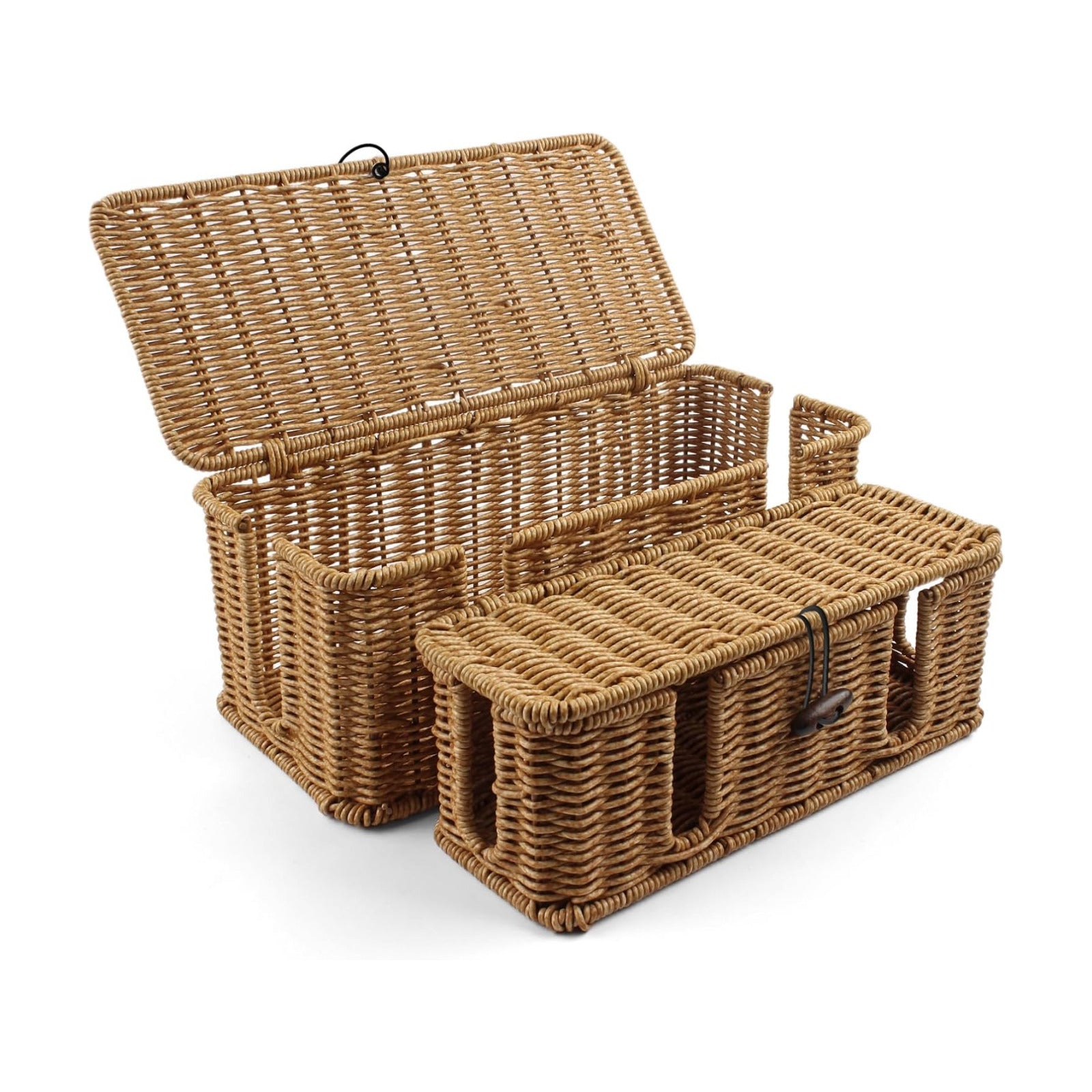 2 Pack Rattan Cable Management Box, Large Cord Organizer Box with Lid Under Desk Router Hider Storage Box with 4 Exits