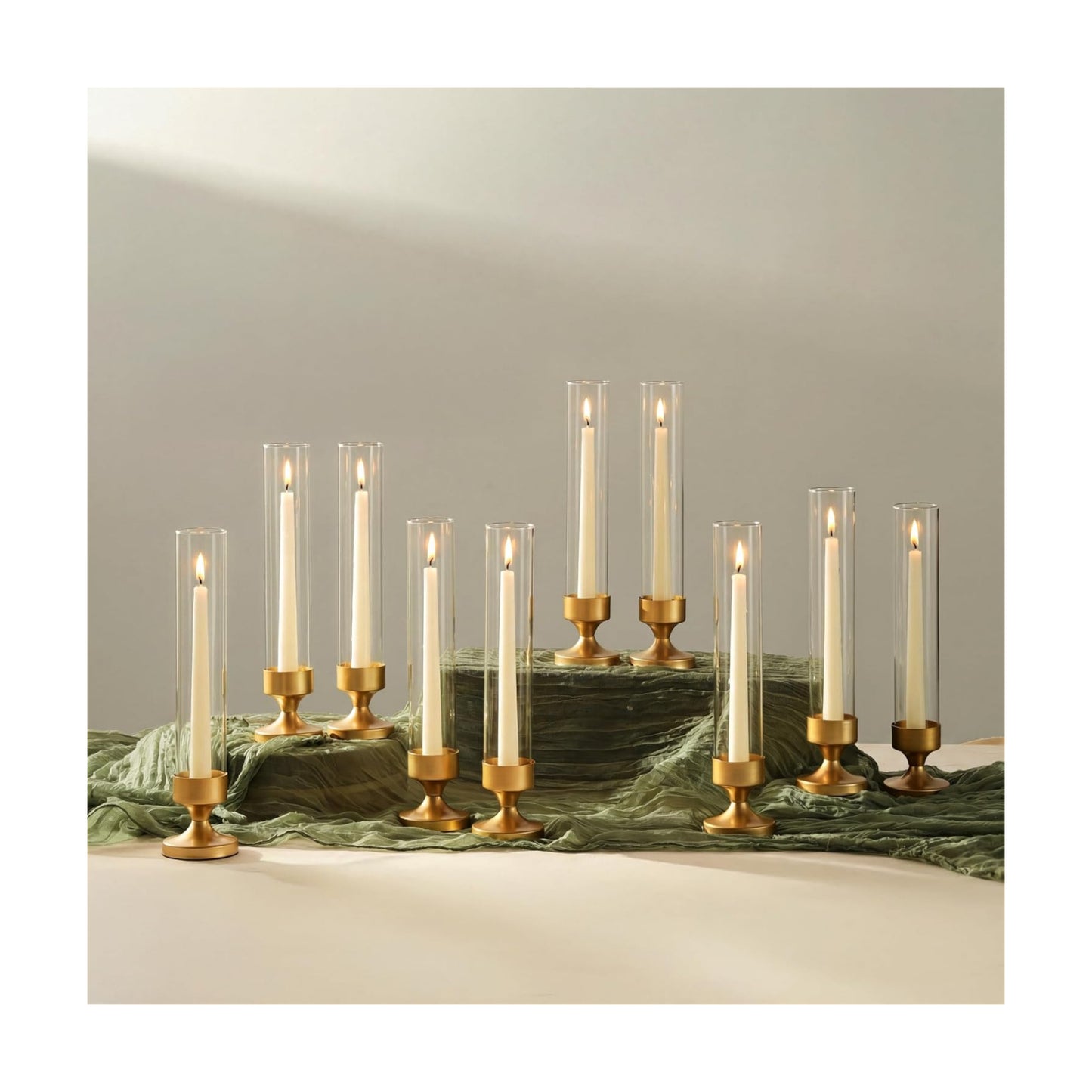 NUPTIO Hurricane Glass Candle Holder: Set of 10 Metal Taper Candle Holders | Gold Candlestick Holders Bulk with Sleeves