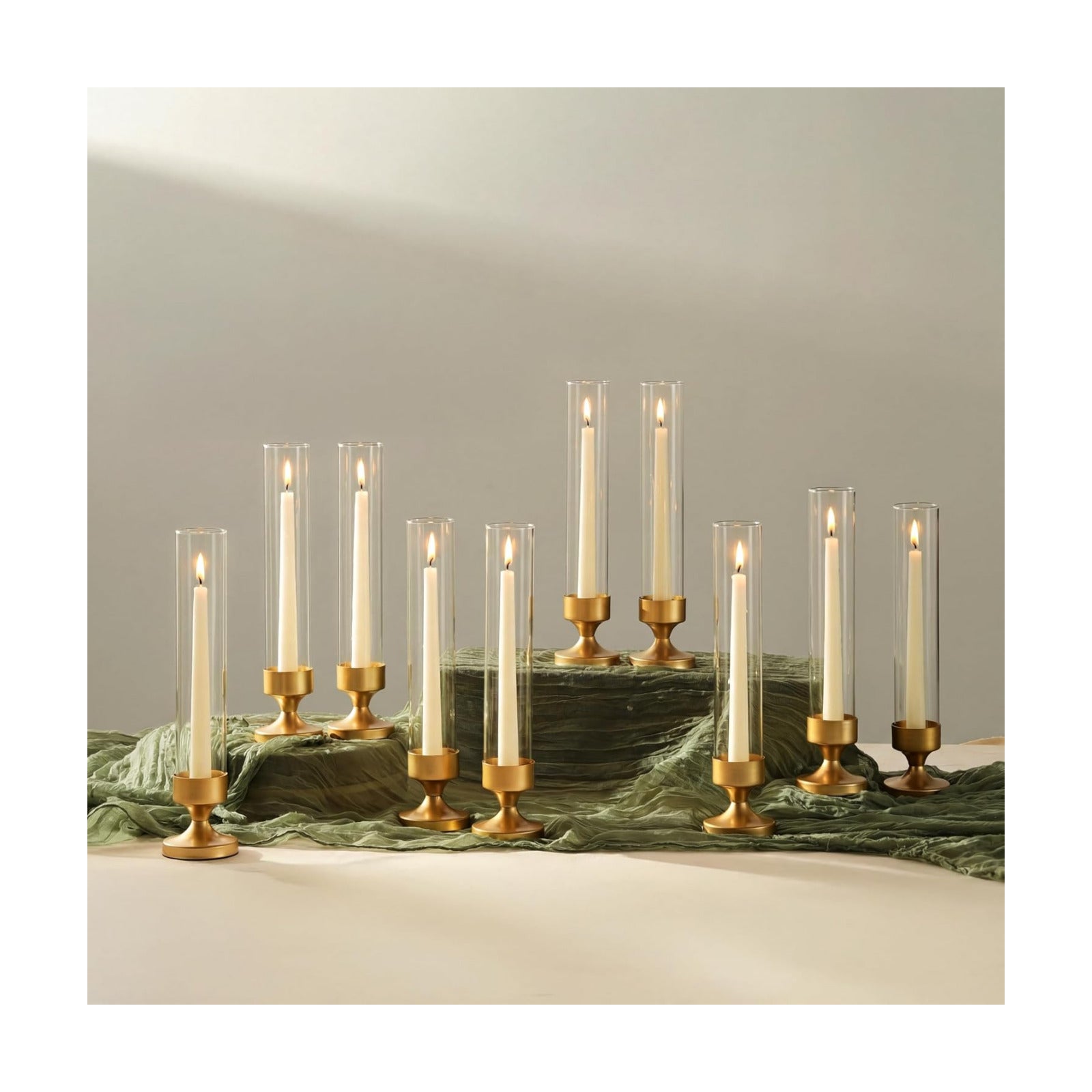 NUPTIO Hurricane Glass Candle Holder: Set of 10 Metal Taper Candle Holders | Gold Candlestick Holders Bulk with Sleeves