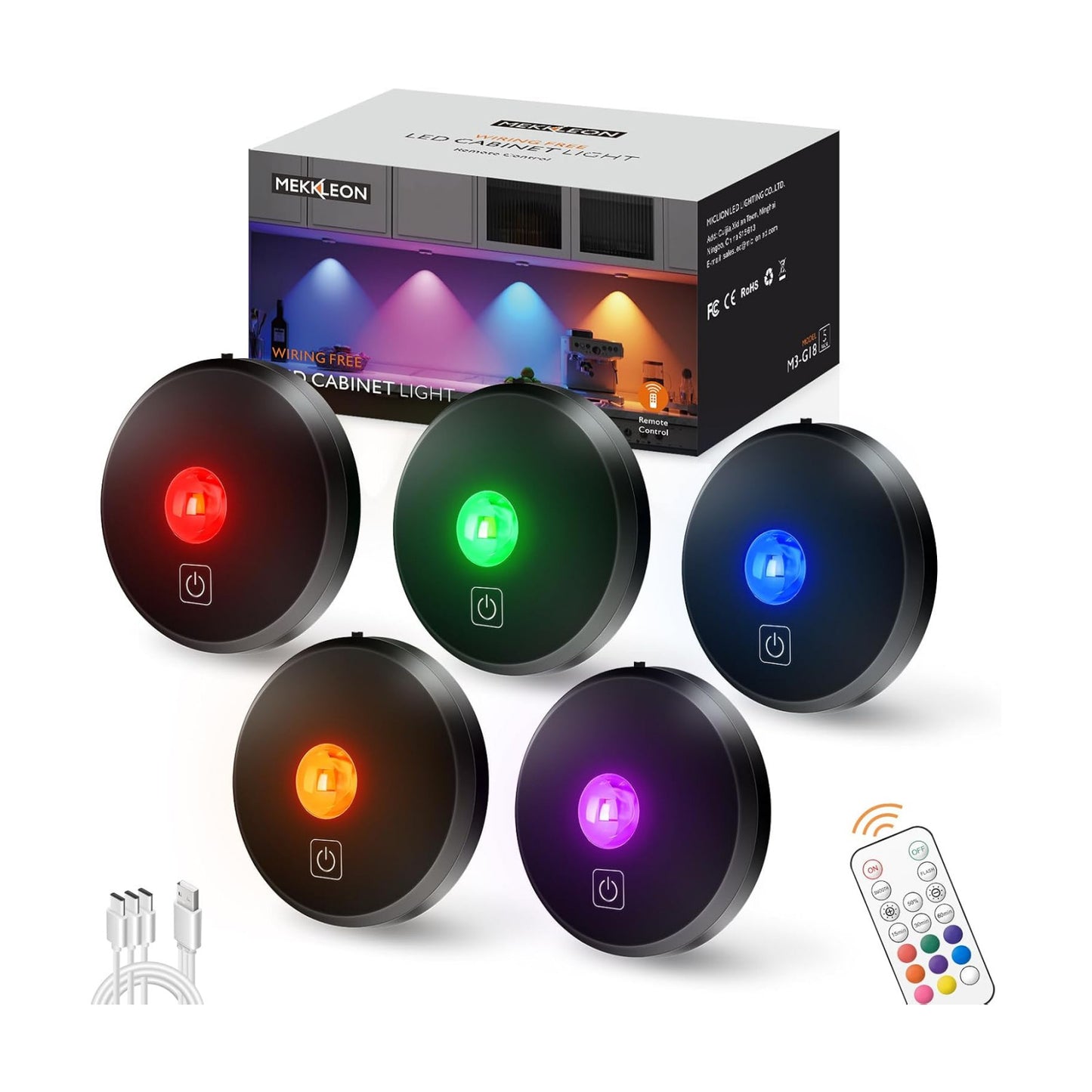 RGB Puck Lights with Remote Control, 2000mAh Rechargeable Stick on Led Lights, 9 Colors & 2 Dynamic, Tap Light with