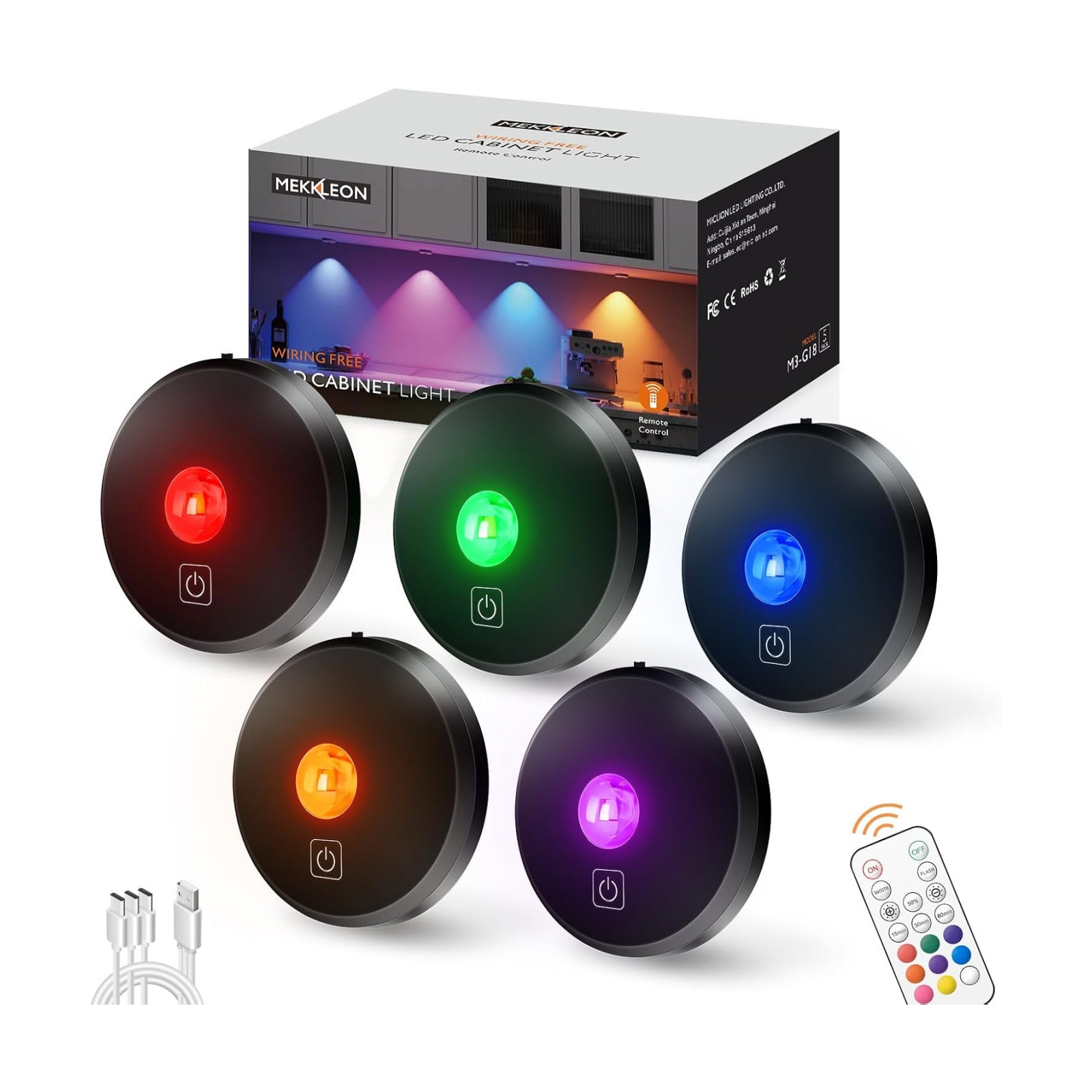 RGB Puck Lights with Remote Control, 2000mAh Rechargeable Stick on Led Lights, 9 Colors & 2 Dynamic, Tap Light with