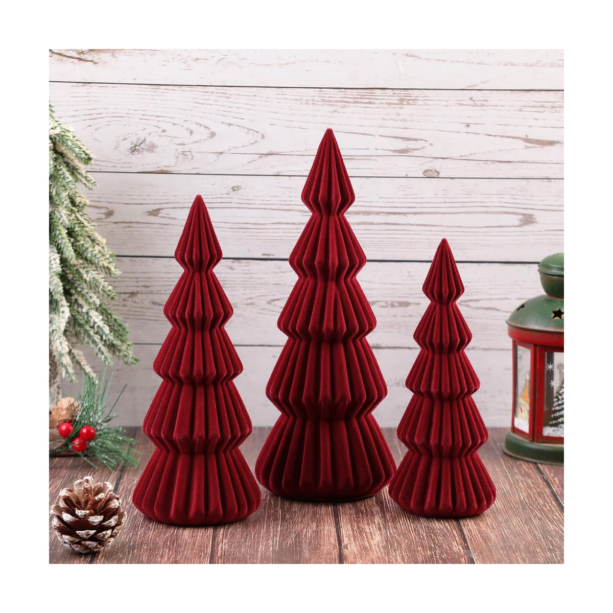 Set of 3 Velvet Ceramic Christmas Tree Decor, Burgundy