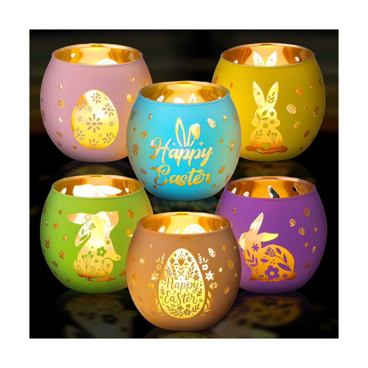 Jingmore 6 Pcs Glass Votive Holders, Easter, Multicolor