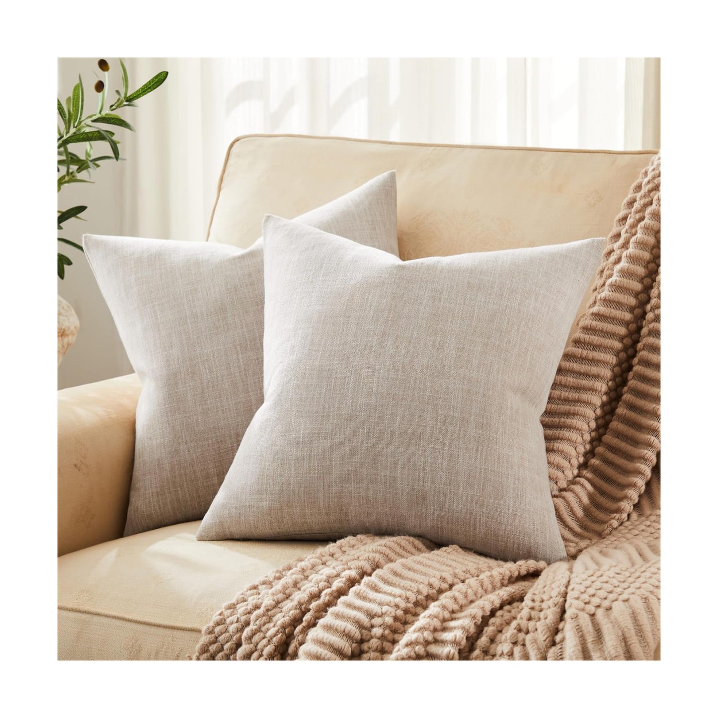 Rustic Cotton Linen Throw Pillow Covers / Taupe / 18 x 18 / Set of 2