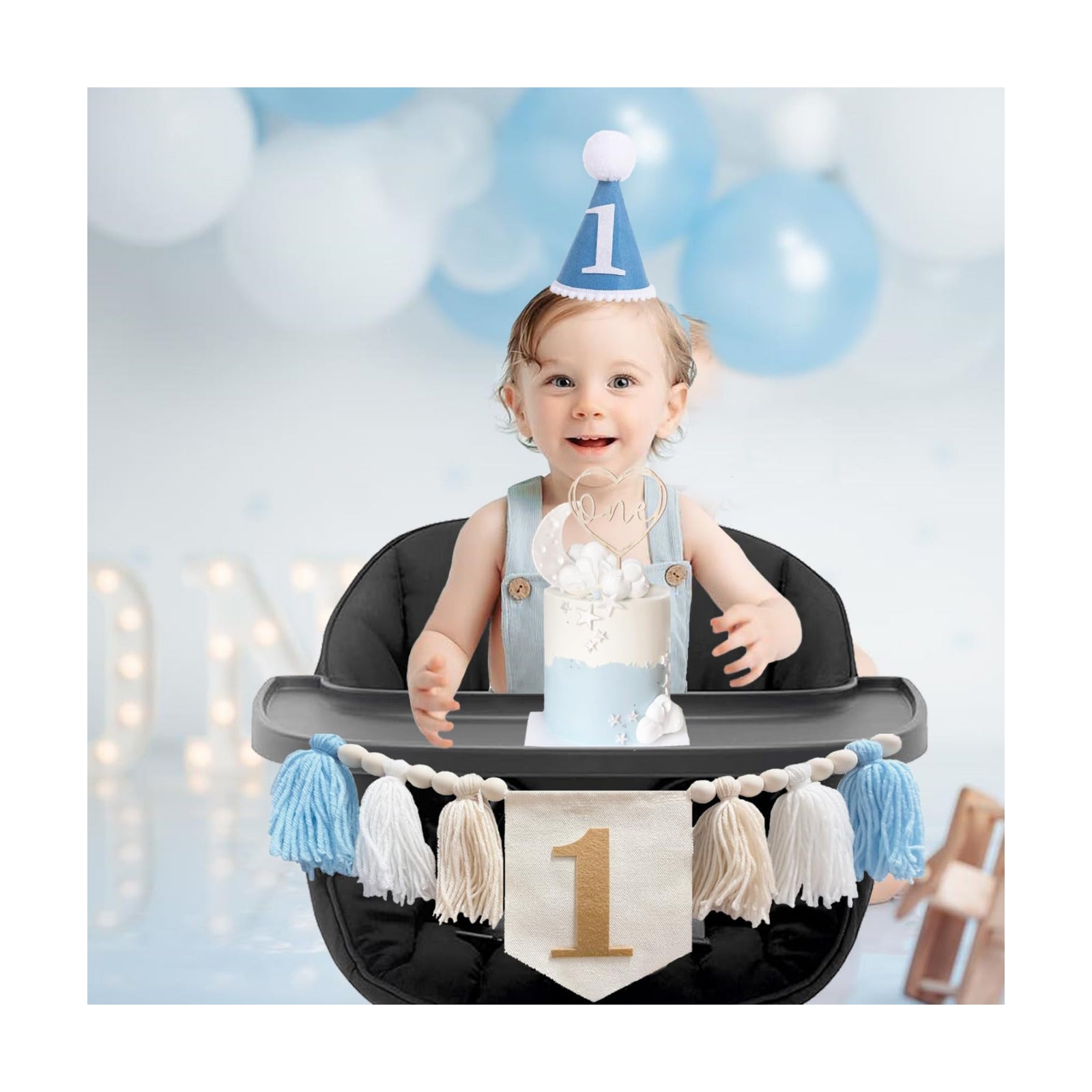 First Birthday Party Decorations Highchair Wood Bead Tassel Garland 1st / Khaki Banner / Blue