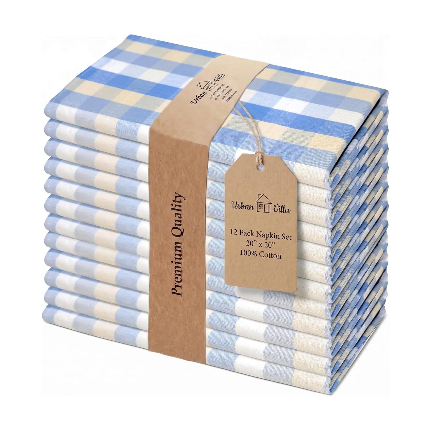 Urban Villa Cloth Napkins Cotton 20x20 (Set of 12) Blue Sand Checks