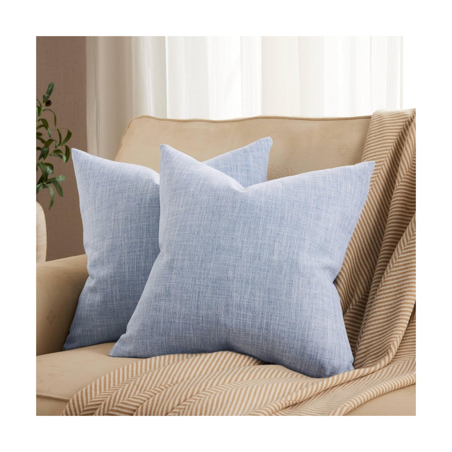 Rustic Cotton Linen Throw Pillow Covers / Blue / 18 x 18 / Set of 2