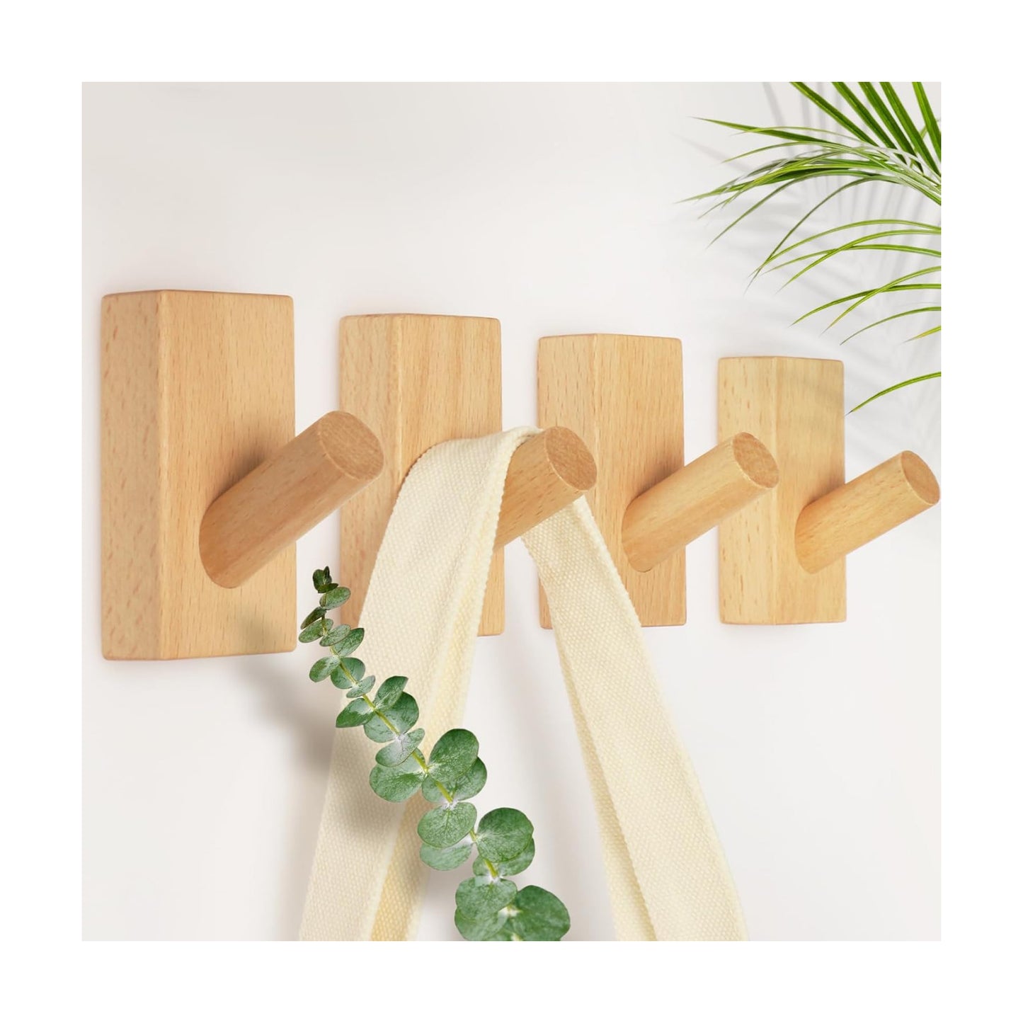 Wood Hooks Wall Wooden Space Saving No Damage Adhesive for Entryway Bedroom / Natural / Set of 4