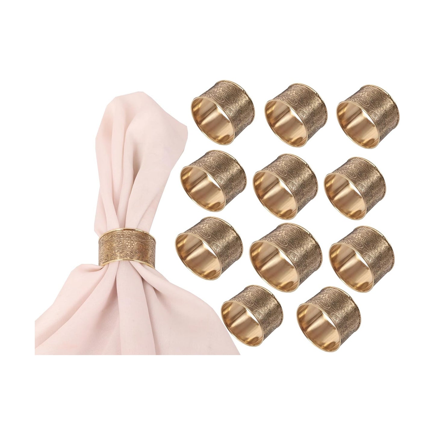 Handcrafted Floral Table Napkin Rings, Gold Tone, Set of 12 | Handcrafted large-size floral napkin holders; Decorative