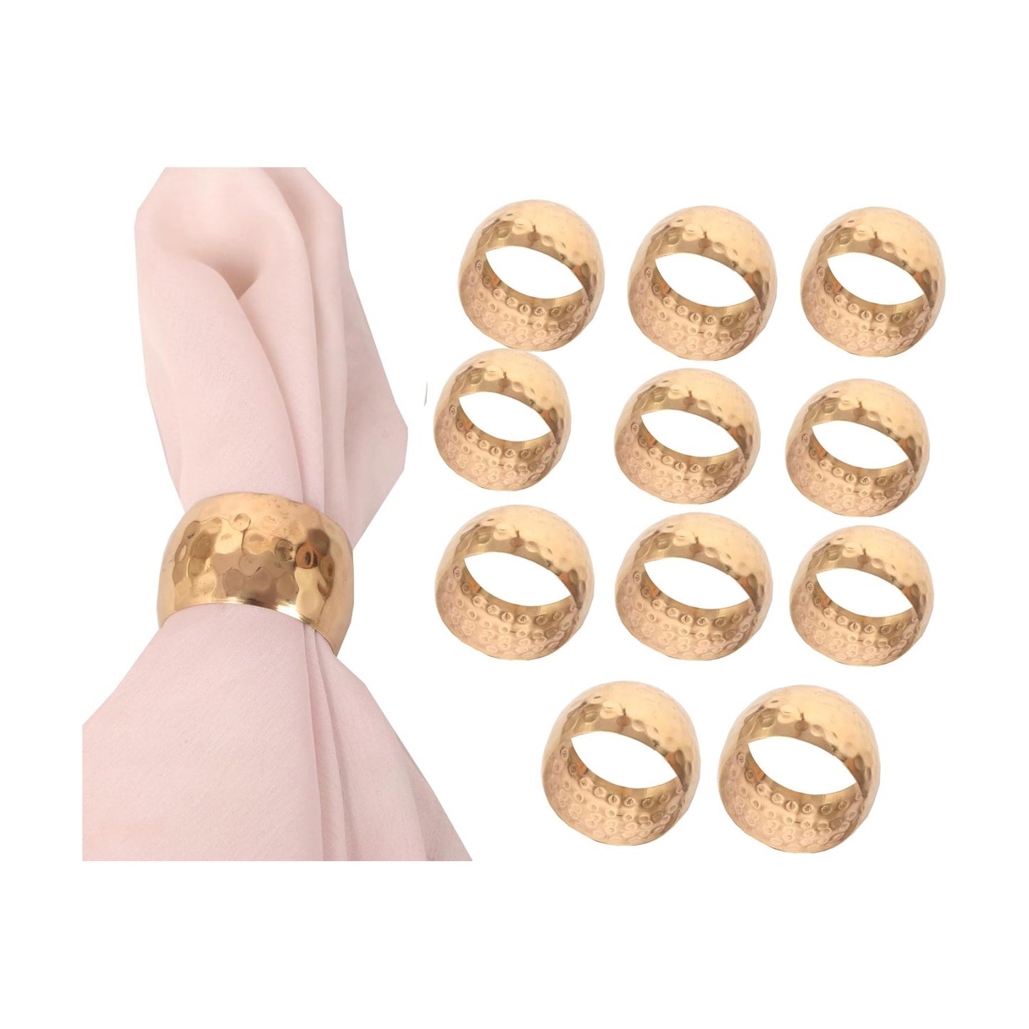Hand Hammered Table Napkin Rings, Gold Tone, Set of 12 | Hand-hammered large-size napkin holders; Decorative table