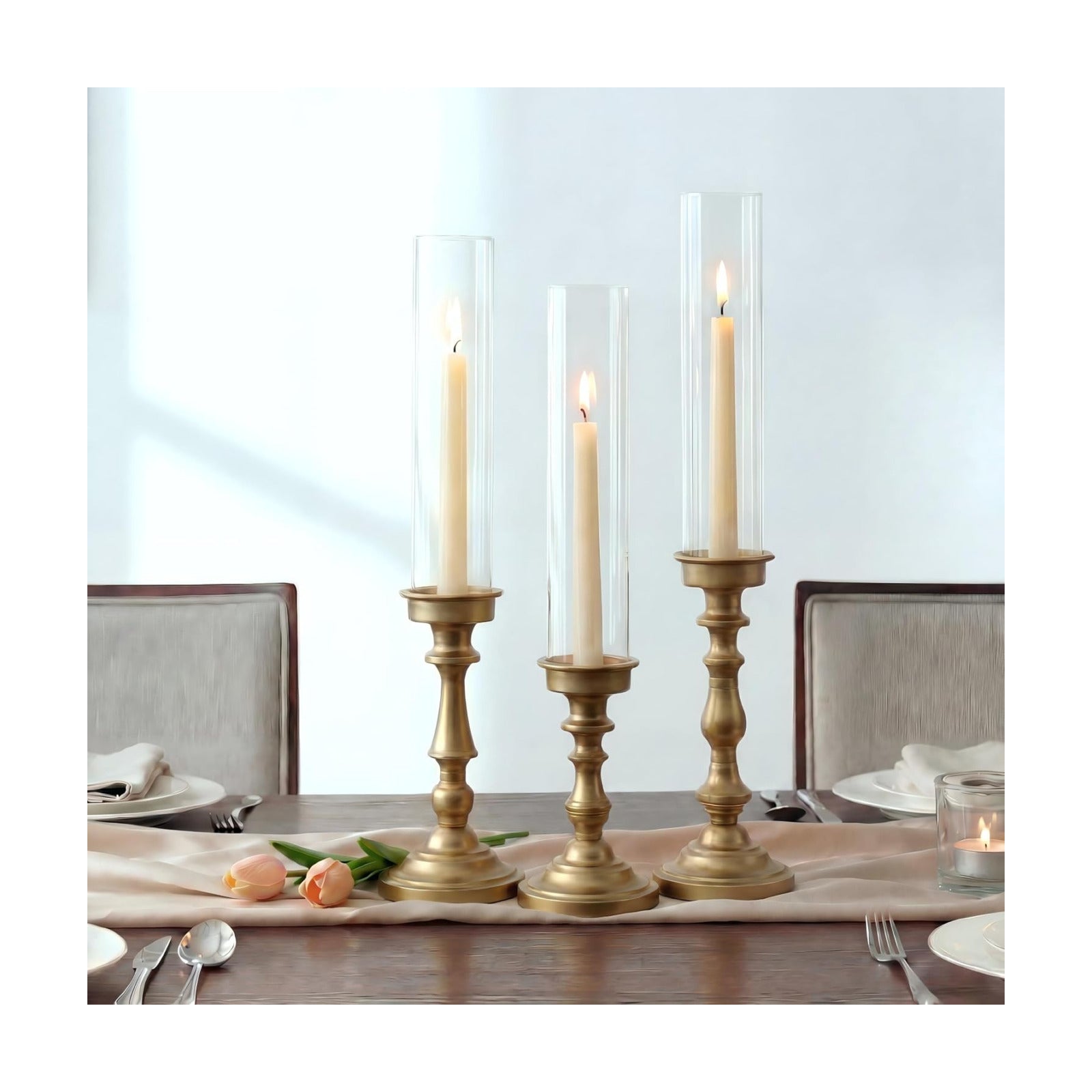 NUPTIO Hurricane Candle Holder for Centerpiece: Set of 3 Gold Candlestick Holders with Glass Shade - Vintage Taper
