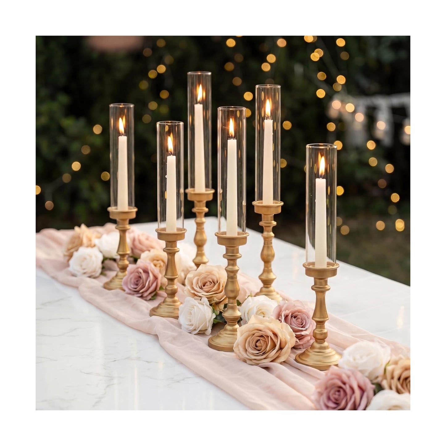 NUPTIO Hurricane Candle Holders, Set of 6 Gold Taper Holders with Glass | Glass Covers Protect Flames, Ornate Style