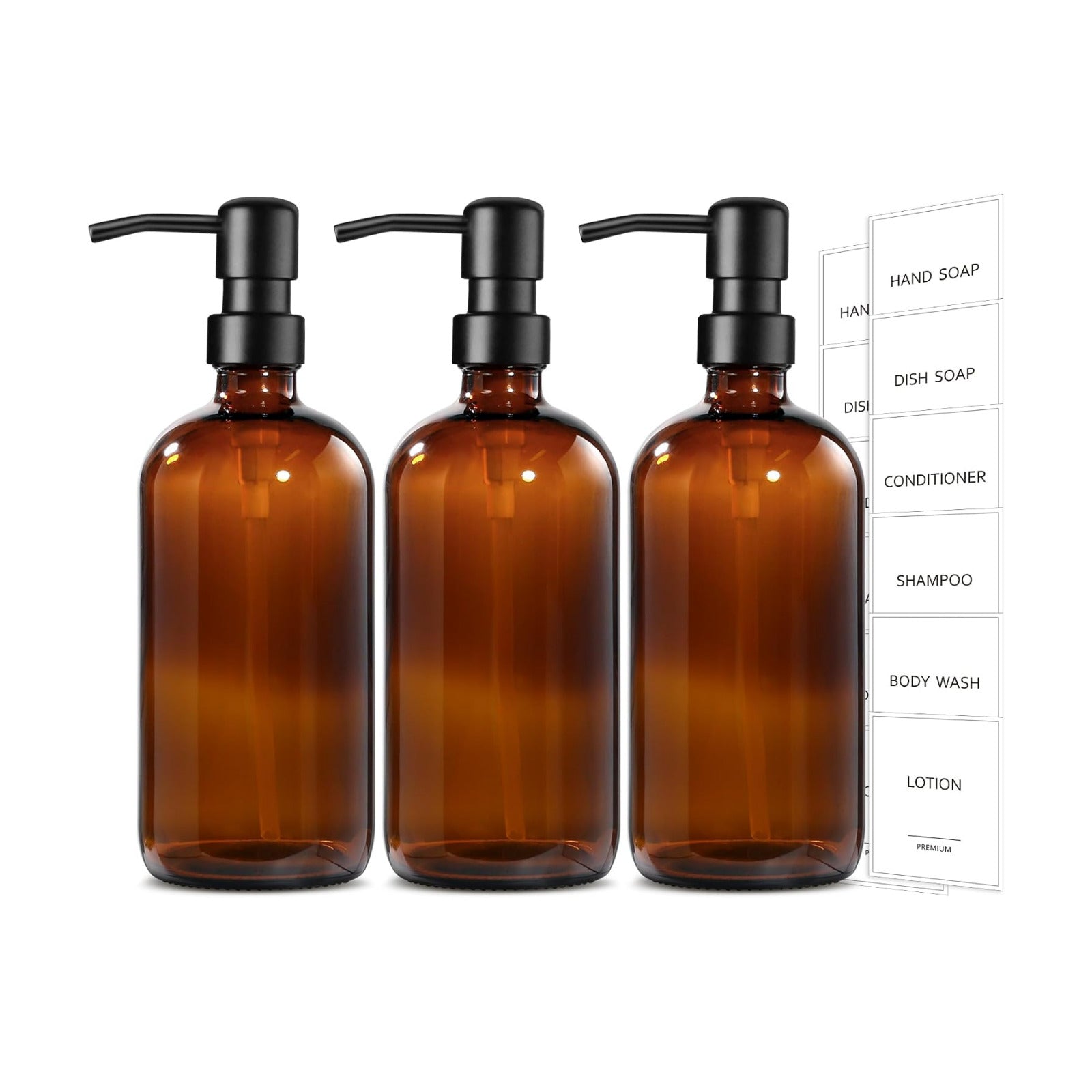 GMISUN Shampoo and Conditioner Dispenser, 3 Pack Amber Glass Bathroom Shampoo Conditioner Body Wash Dispenser with Pump