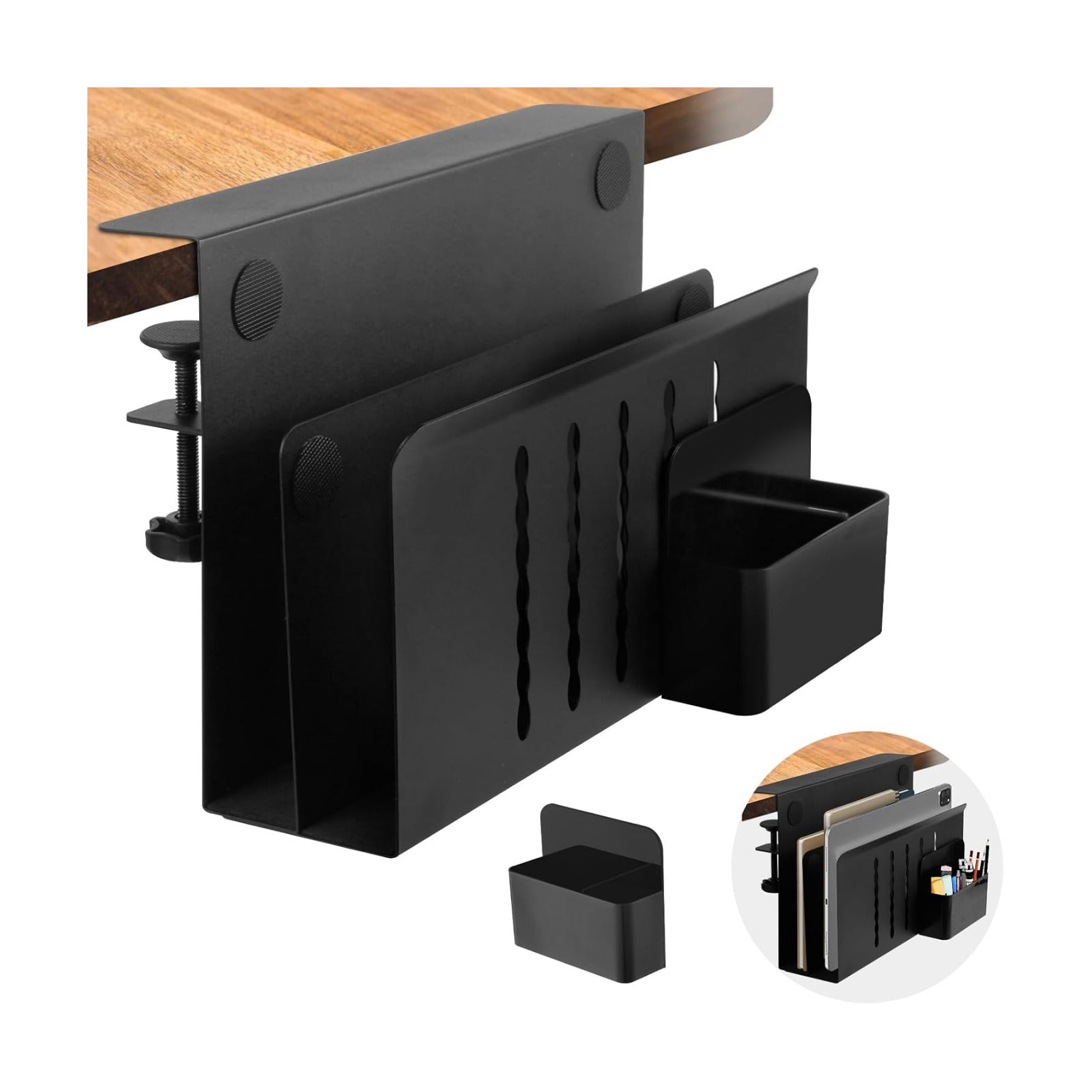 Desk Side Storage, 2 Tier Steel Hanging Organizer, No Drill Side Desk Organizer, Laptop Holder, with Pen Holder, For