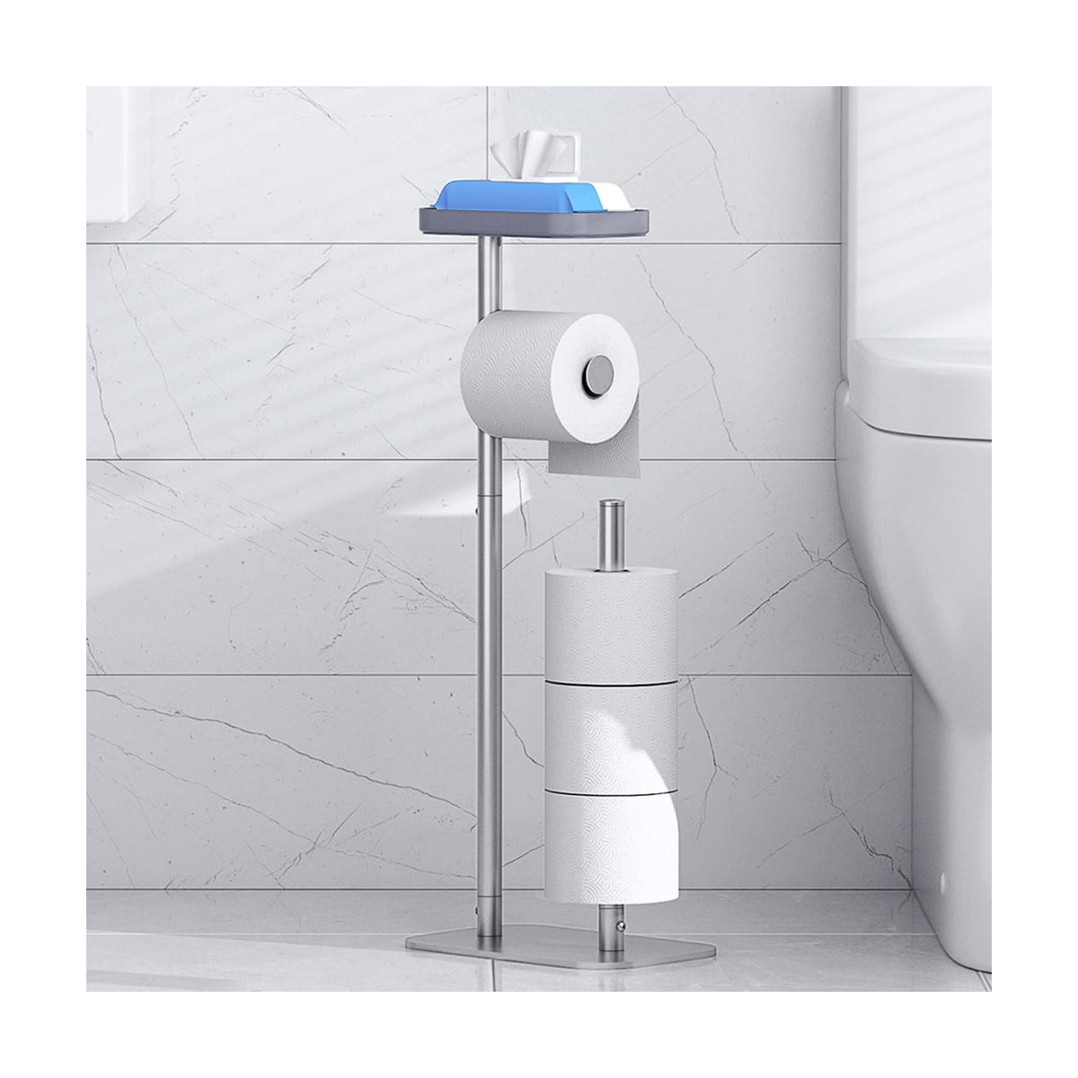 Kitsure Metal Toilet Paper Holder Free Standing, Medium, Silver | Rustproof Toilet Paper Stand for 4 Rolls, Bathroom