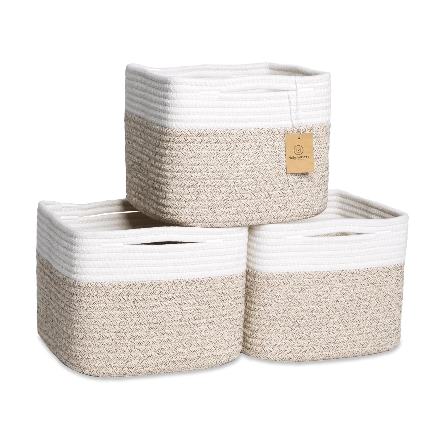 Storage Cubes "Cotton Rope Woven Baskets / Off White & Mixed Brown / 9 x 9 x 7 / Set of 3