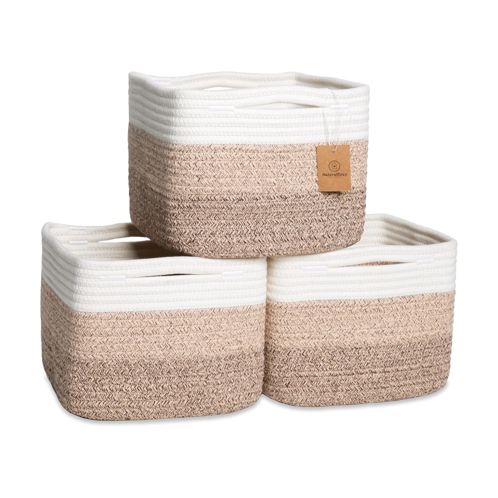 Storage Cubes "Cotton Rope Woven Baskets for Organizing / 3-tone Brown / 9 x 9 x 7 / Set of 3