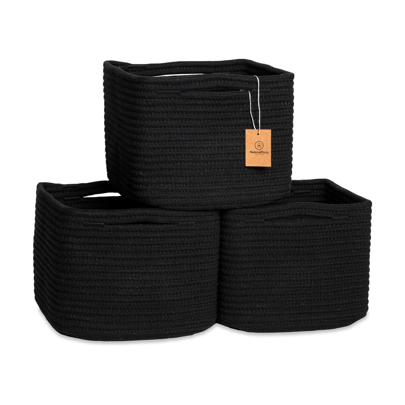 Storage Cubes "Cotton Rope Woven Baskets for Organizing / Black / 9 x 9 x 7 / Set of 3