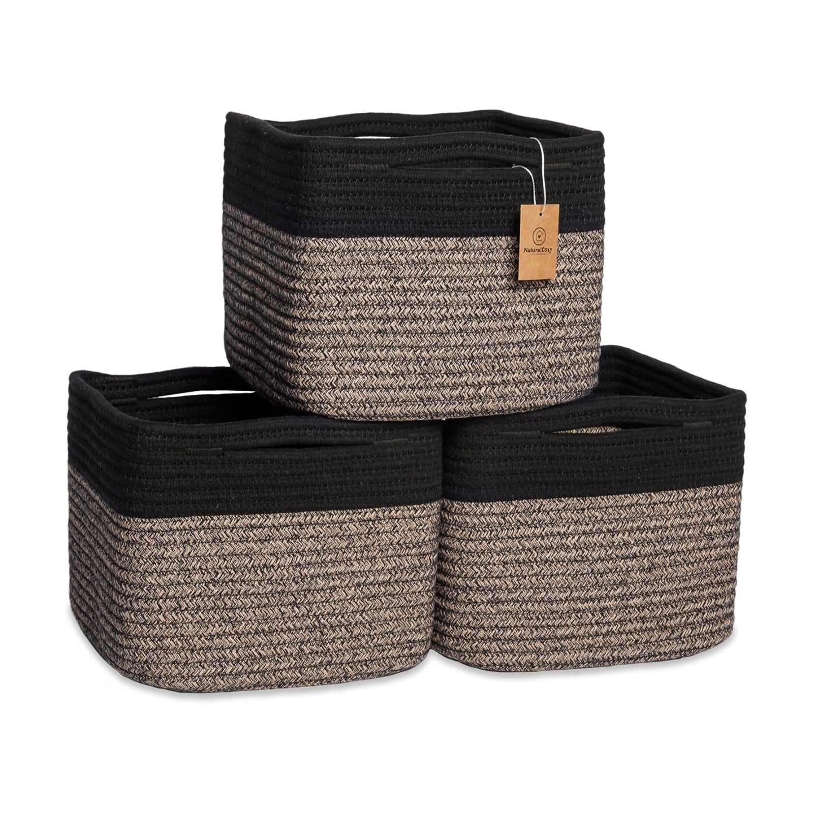 Storage Cubes "Cotton Rope Woven Baskets for Organizing / Black & Mixed Black / 9 x 9 x 7 / Set of 3