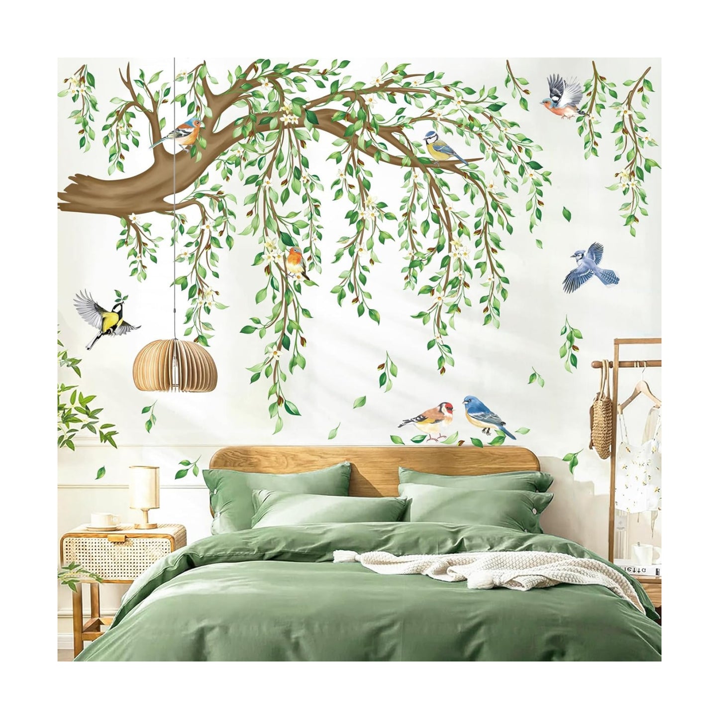 Large Hanging Vine Wall Stickers Tree Branch Green Leaf Flower Birds Wall Decals Living / Green Tree