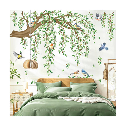 Large Hanging Vine Wall Stickers Tree Branch Green Leaf Flower Birds Wall Decals Living / Green Tree